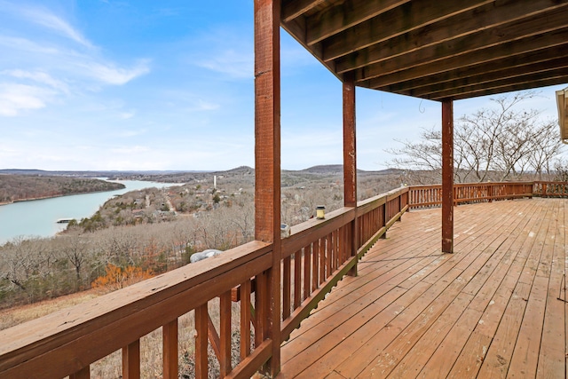 deck featuring a water and mountain view