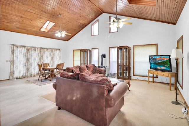 living room featuring high vaulted ceiling, a skylight, wooden ceiling, and ceiling fan