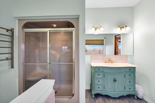 bathroom featuring vanity and a shower with door