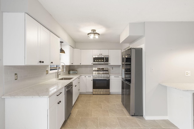 kitchen featuring tasteful backsplash, sink, stainless steel appliances, and white cabinets