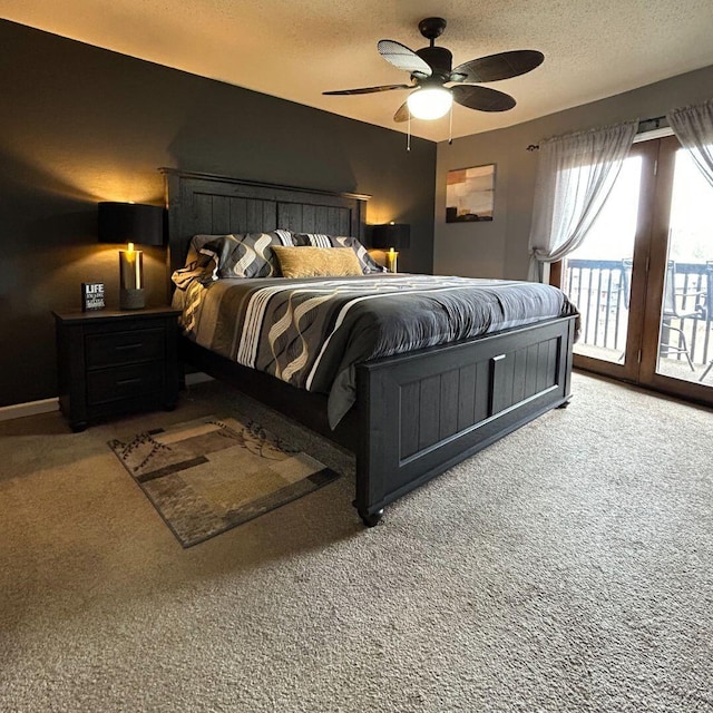 carpeted bedroom with ceiling fan, a textured ceiling, and access to outside