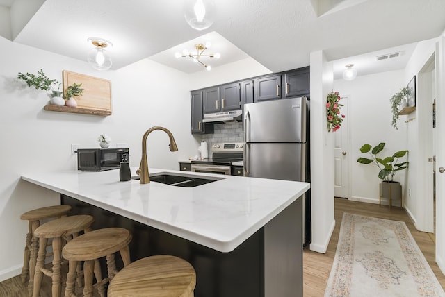 kitchen featuring sink, a kitchen breakfast bar, kitchen peninsula, and appliances with stainless steel finishes