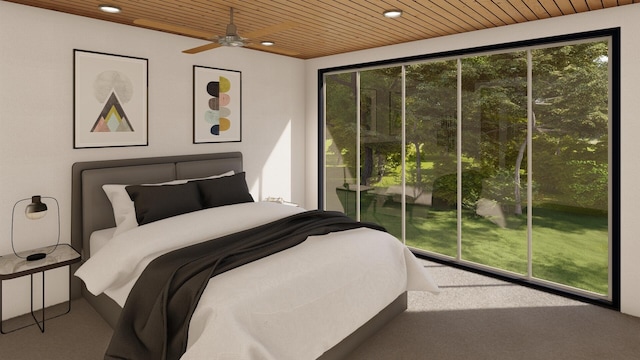 bedroom with ceiling fan, carpet, and wooden ceiling