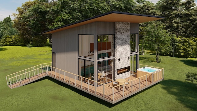 view of outbuilding featuring an outdoor stone fireplace