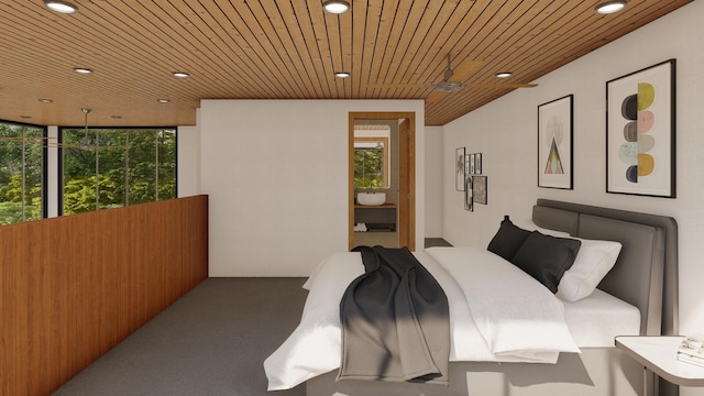 carpeted bedroom featuring wooden ceiling