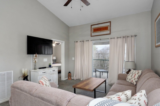 living room featuring light carpet, vaulted ceiling, and ceiling fan