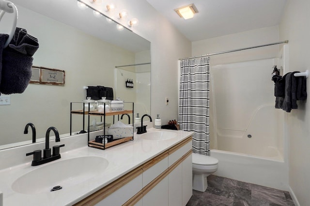 full bathroom with vanity, shower / bath combination with curtain, and toilet