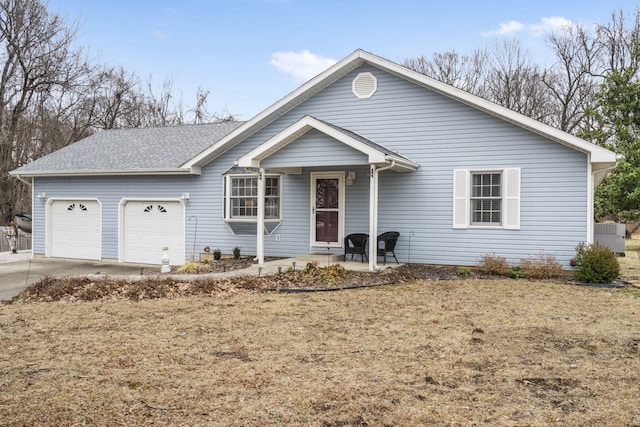 ranch-style home with a garage and a front yard