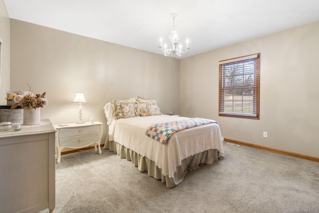 bedroom featuring a notable chandelier and light colored carpet