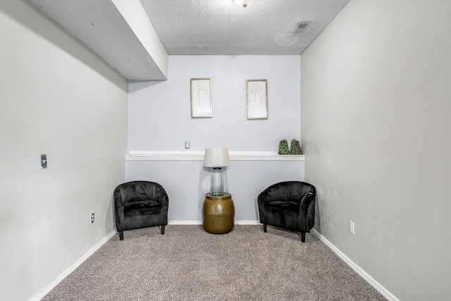 sitting room featuring carpet floors and a textured ceiling