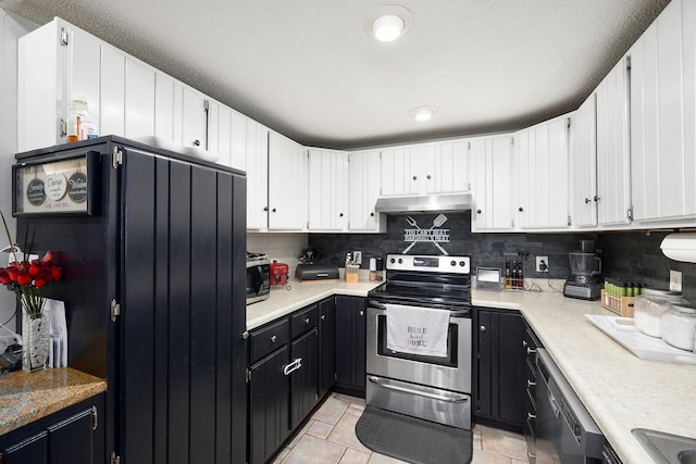 kitchen with stainless steel electric range oven, tasteful backsplash, dishwasher, white cabinetry, and light tile patterned floors