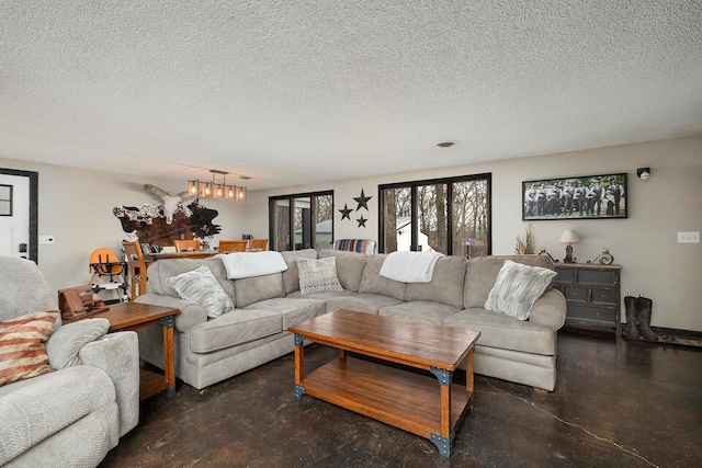 living room featuring a textured ceiling