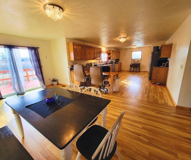 dining area with a textured ceiling, a healthy amount of sunlight, and light wood-type flooring