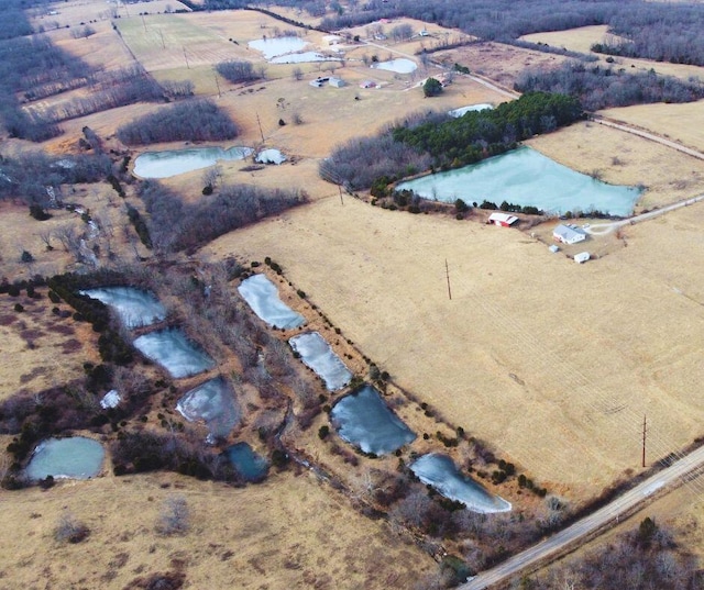 birds eye view of property with a water view and a rural view