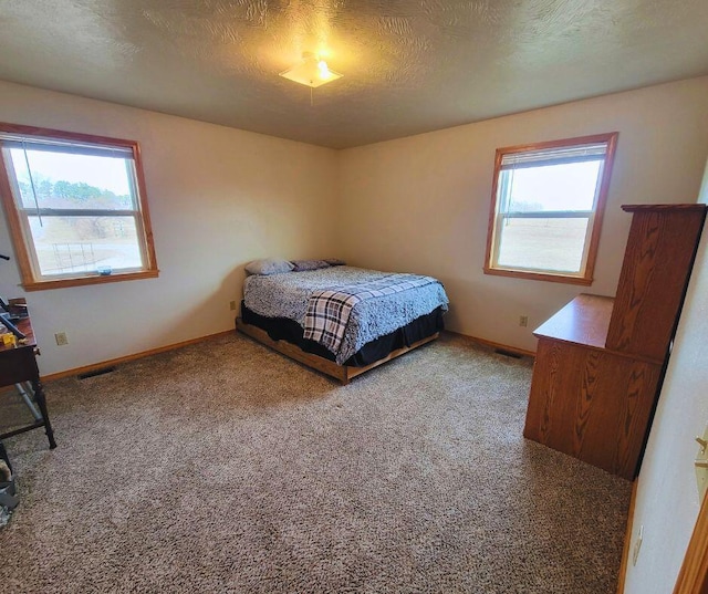 carpeted bedroom with multiple windows and a textured ceiling