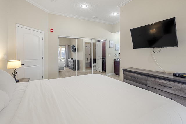 bedroom with light carpet, ornamental molding, and a closet