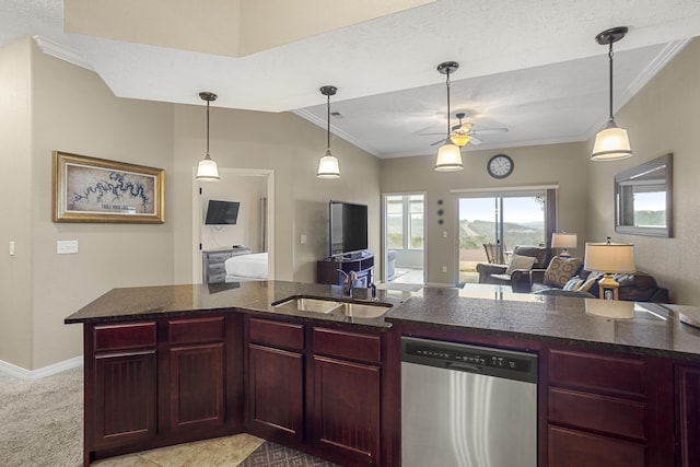 kitchen featuring open floor plan, dark brown cabinets, stainless steel dishwasher, and a sink