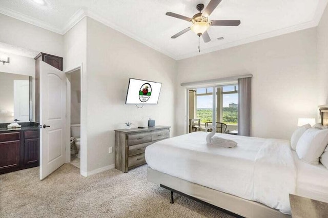 bedroom with baseboards, visible vents, light colored carpet, ceiling fan, and ornamental molding