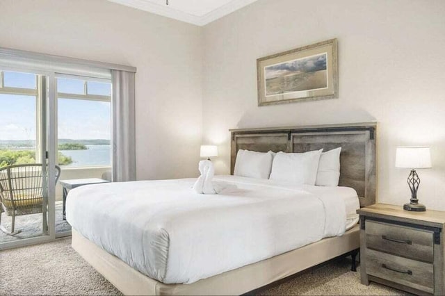 bedroom featuring a water view, access to exterior, crown molding, and carpet flooring