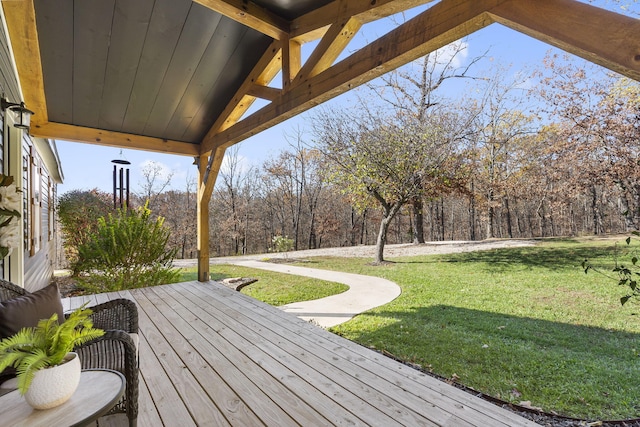 wooden terrace with a lawn