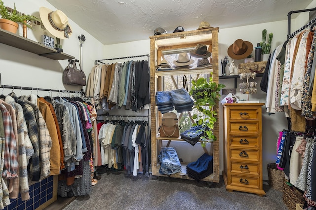 walk in closet featuring dark carpet