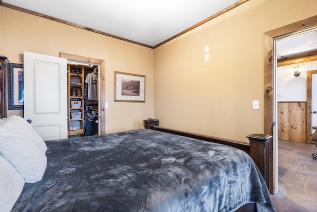 bedroom with a walk in closet, ornamental molding, carpet, and a closet