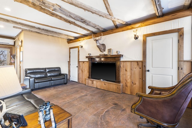 living room featuring beam ceiling, an AC wall unit, and wood walls