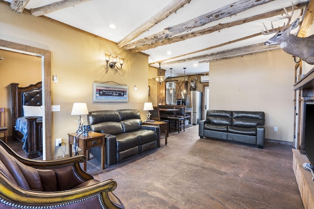 living room with beamed ceiling