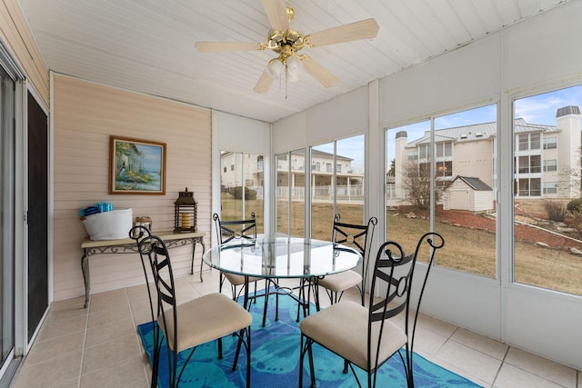 sunroom featuring wooden ceiling and ceiling fan