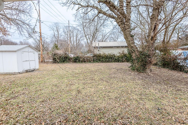 view of yard featuring a storage unit