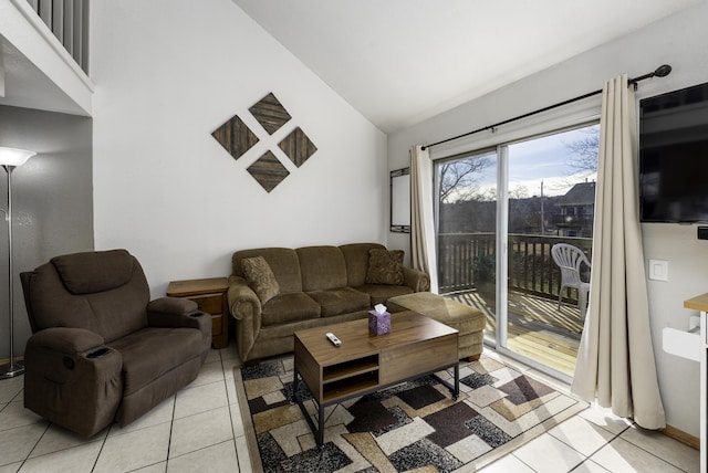 tiled living room with lofted ceiling