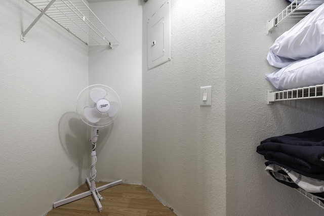 spacious closet featuring hardwood / wood-style floors and electric panel