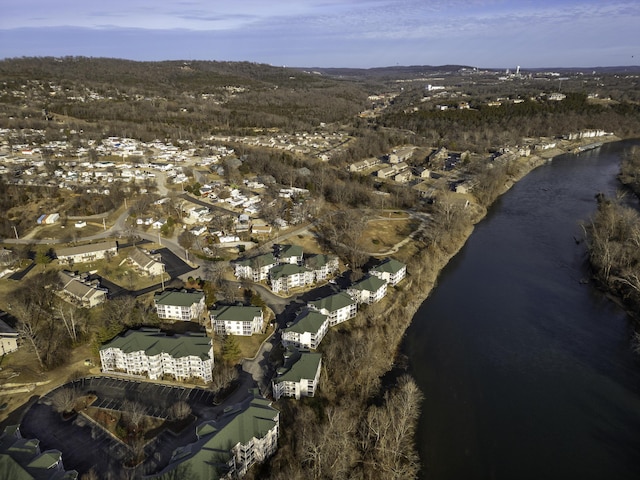 drone / aerial view with a water view