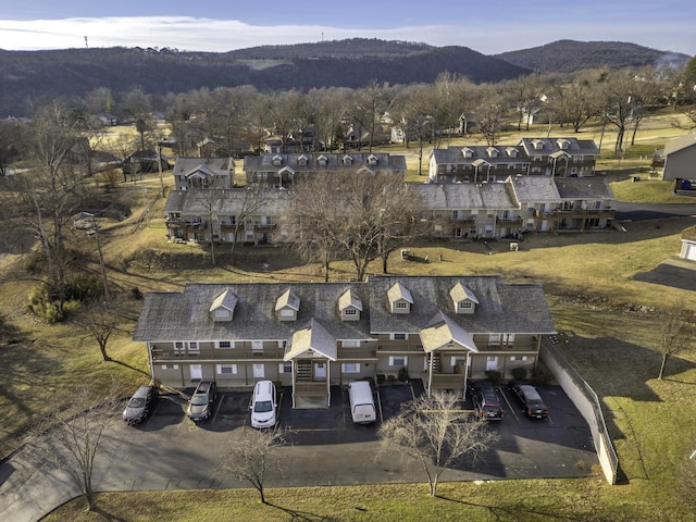 drone / aerial view featuring a mountain view