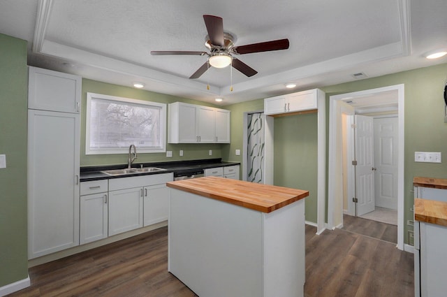 kitchen with sink, dark hardwood / wood-style flooring, white cabinets, wood counters, and a raised ceiling