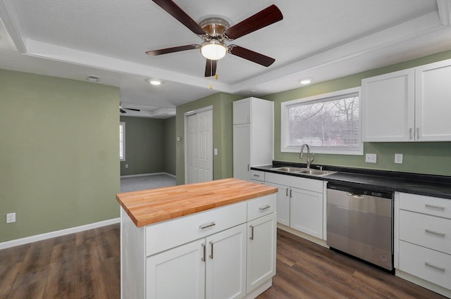 kitchen featuring wood counters, dishwasher, sink, white cabinets, and dark hardwood / wood-style flooring