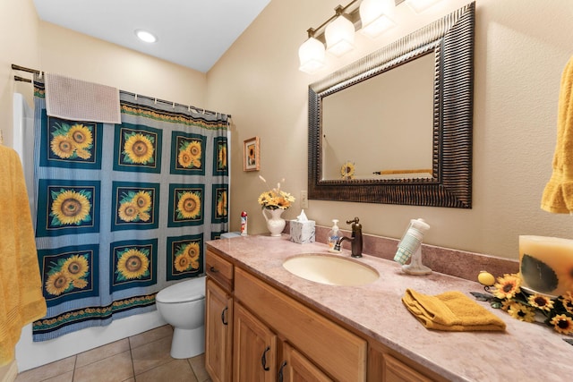 bathroom with tile patterned flooring, vanity, curtained shower, and toilet