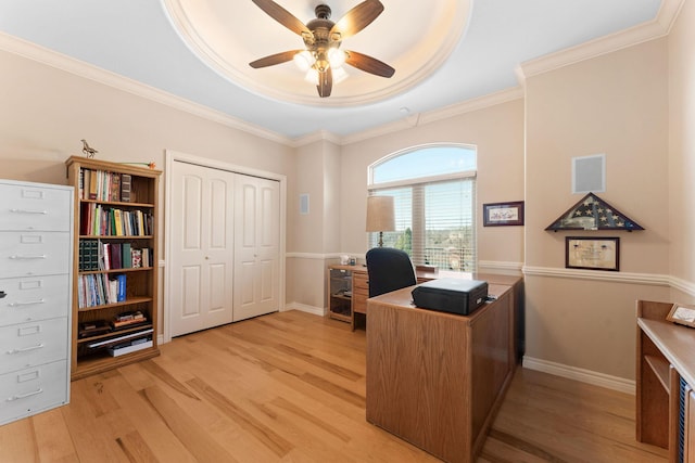 office space featuring a raised ceiling, crown molding, ceiling fan, and light hardwood / wood-style floors