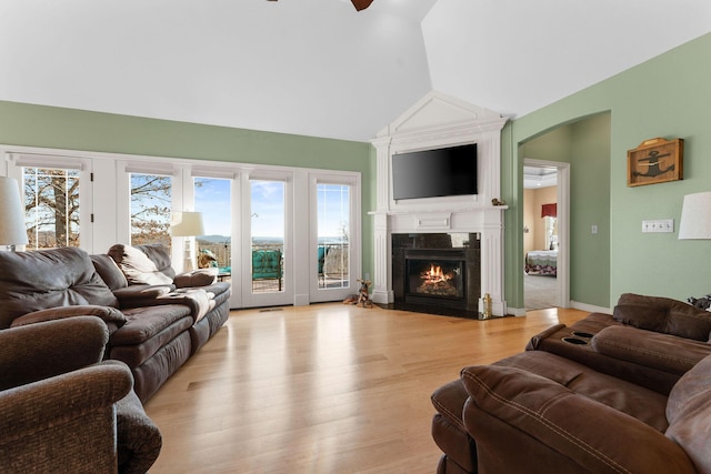 living room with lofted ceiling, plenty of natural light, a large fireplace, and light hardwood / wood-style flooring