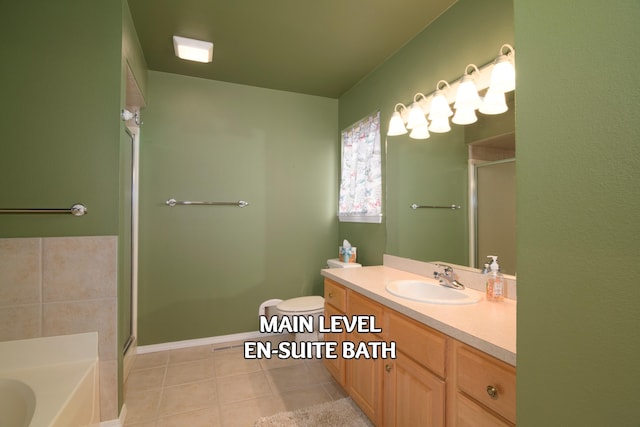 full bathroom with independent shower and bath, vanity, tile patterned floors, and toilet