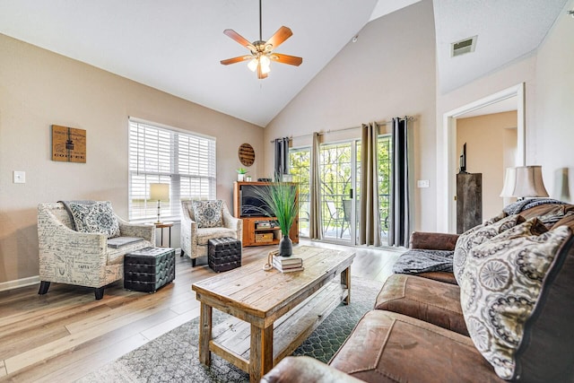 living room featuring ceiling fan, high vaulted ceiling, and light hardwood / wood-style floors