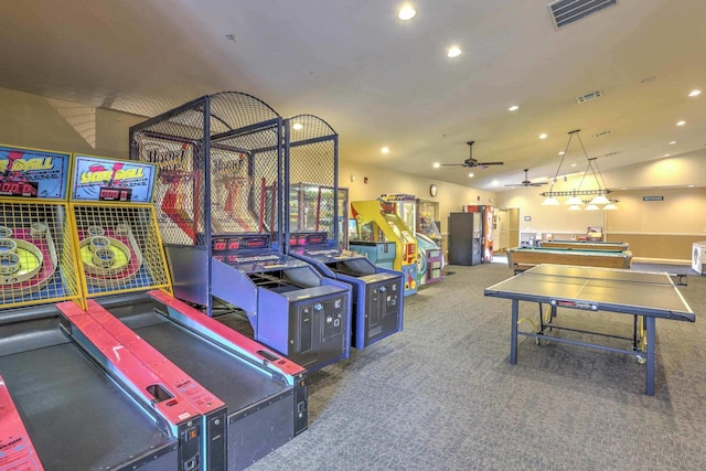 recreation room with ceiling fan, pool table, and carpet flooring