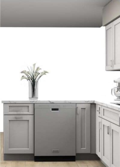 kitchen with gray cabinets and dishwasher