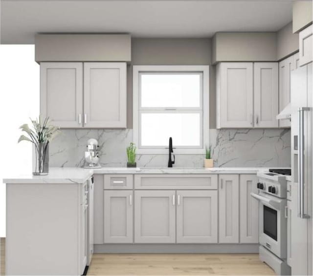 kitchen with sink, white cabinetry, backsplash, high end appliances, and light wood-type flooring