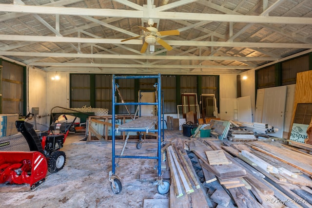 misc room featuring ceiling fan and vaulted ceiling