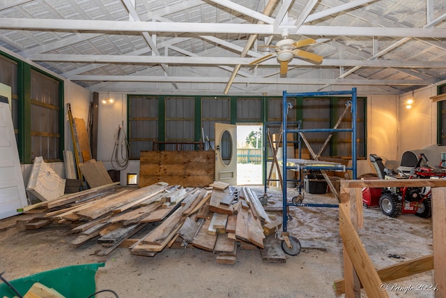 misc room with ceiling fan and lofted ceiling