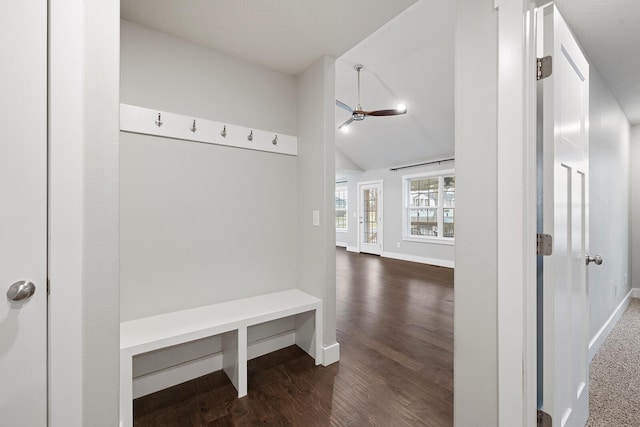 mudroom with vaulted ceiling, dark hardwood / wood-style floors, and ceiling fan