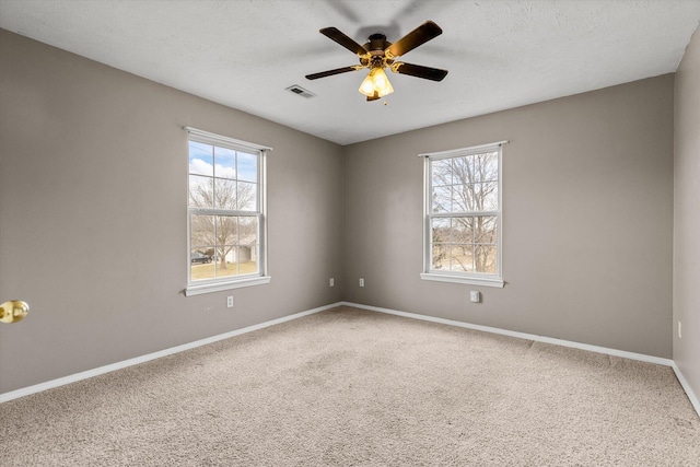 carpeted spare room featuring ceiling fan, plenty of natural light, and a textured ceiling