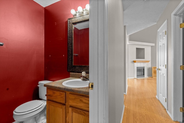 bathroom featuring hardwood / wood-style flooring, vanity, toilet, and a tiled fireplace