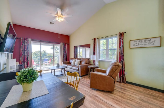 living room with visible vents, baseboards, ceiling fan, wood finished floors, and high vaulted ceiling